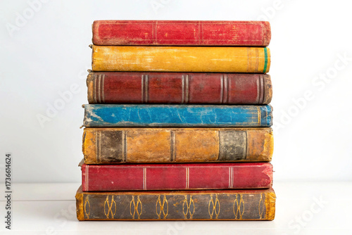 Stack of antique leather bound books red blue yellow