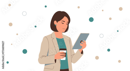 Businesswoman working with a tablet and coffee in a modern and minimalist illustration