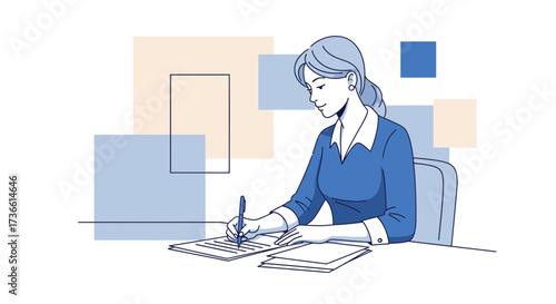 Businesswoman writing in a document at her desk with minimalist color palette