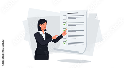 Businesswoman pointing to a successful checklist, idea, concept, and business plan illustrated without comma