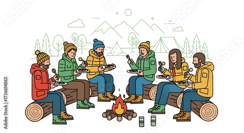 Campfire Cookout: Joyful Friends Relish Food Around a Burning Fire in Nature