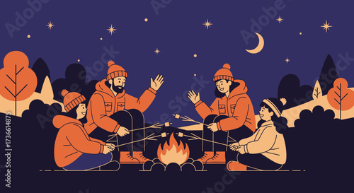 Campfire Gathering: Family Bonding Under The Stars Roasting Marshmallows Around A Blazing Fire