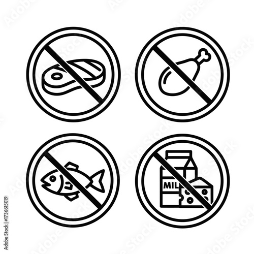 A set of four black and white icons representing dietary restrictions: no meat, no poultry, no fish, and no dairy.