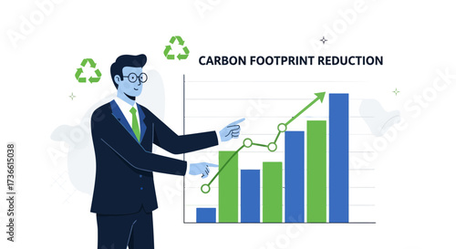 Carbon footprint reduction infographic of a businessman, graph and recycle symbols, vector illustration