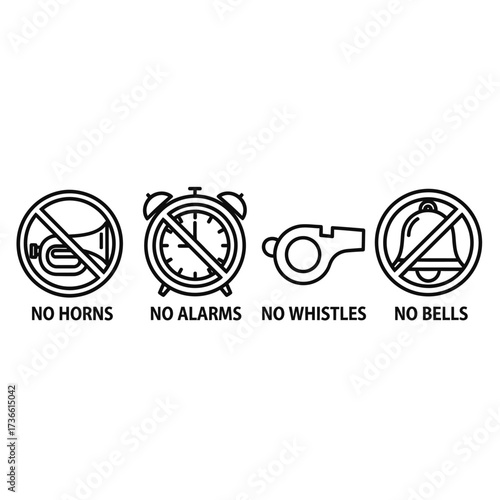 A graphic illustration showing four icons representing prohibited sounds: no horns, no alarms, no whistles, and no bells.