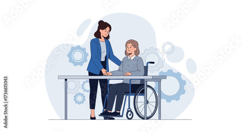 Caring professional assisting person in wheelchair at a table in a workplace setting