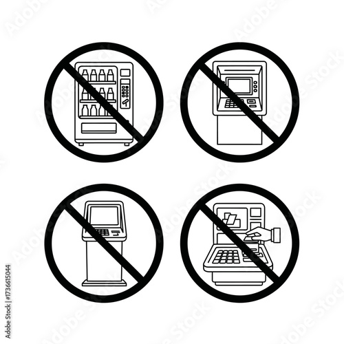 A set of four black and white prohibition icons depicting no vending machines, ATMs, or payment terminals.