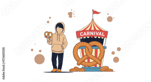 Carnival Scene With Person Holding Pretzel With A Food Stand Illustration