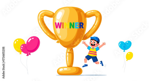 Cartoon illustration of a happy child winning a prize with balloons and trophy