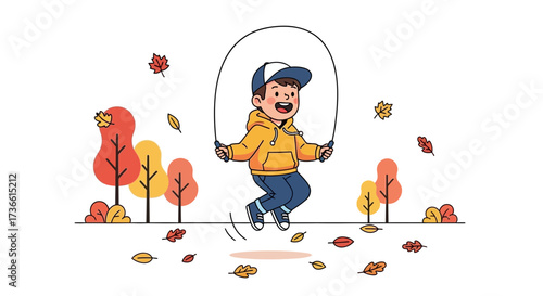 Cartoon illustration of a happy child jumping rope in a colourful autumn scene