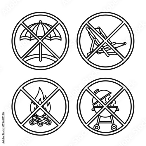 Prohibition signs indicating restrictions on beach umbrellas, chairs, campfires, and barbecues.