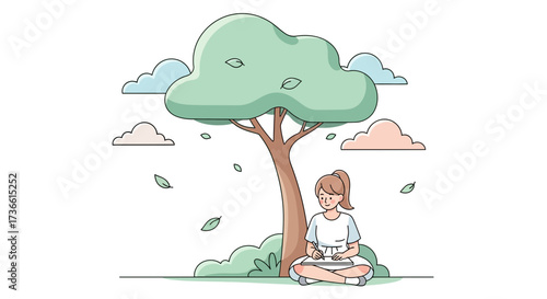 Cartoon illustration of a woman drawing under a tree with clouds and leaves