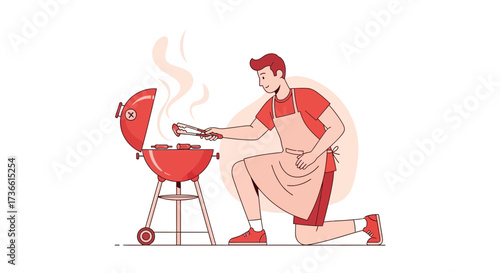 Cartoon illustration of a man grilling food on a barbecue grill in the backyard