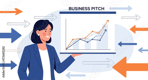 Businesswoman presenting a growth chart during a business pitch illustration