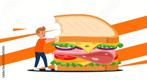 Cartoonish Young Boy Devouring Gigantic Delicious Sandwich, A Culinary Experience
