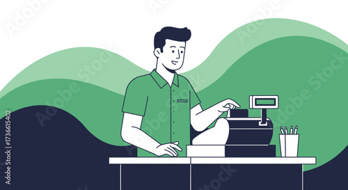 Cashier Assisting Customer At The Counter With Modern Simplified Digital Design