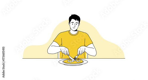 Casual Breakfast: A Man Enjoying Fried Eggs At The Table In Vibrant Yellow Tones
