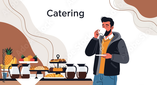 Catering Arrangement With Man Enjoying Beverage And Various Food Displays
