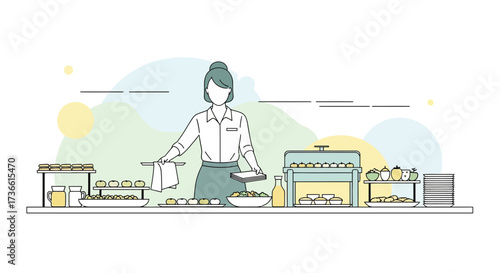 Catering Buffet Illustration Featuring Server And Various Food Choices Perfect for Dining