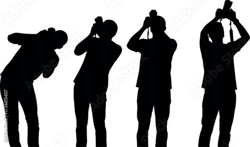 Silhouette photographer holding camera in multiple poses, capturing creative angles, standing position, vertical and horizontal shots, photography concept vector