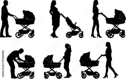 Silhouette set of adults interacting with baby strollers in various poses, parenting and childcare concept for vector illustration design