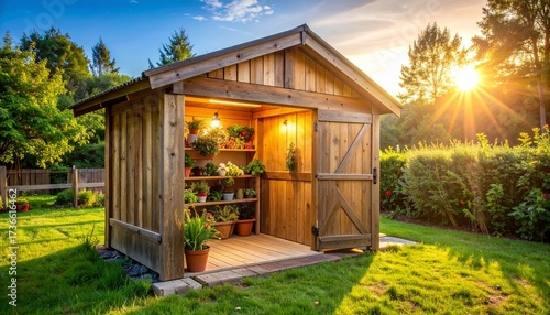 Wooden garden shed with pitched roof and open door revealing potted plants inside, surrounded by lush greenery at sunset.