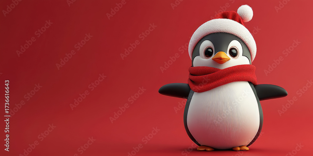 Obraz premium Christmas funny cheerful penguin in hat and gift holiday character, 3d illustration, playful pose isolated on red background, space for text