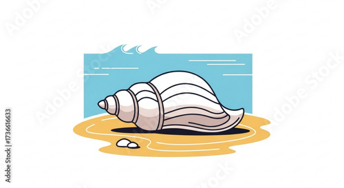 A beautiful seashell resting on the sand near the ocean with waves, perfect for summer vacation designs