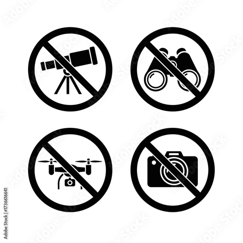 Four prohibition signs indicating no telescopes, binoculars, drones, or cameras are allowed in this area.