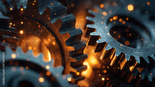 Close-up of interlocking gears with sparks, symbolizing industry and mechanics.