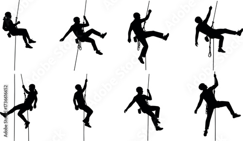 Silhouette vector set of rope climbers and rappelling poses with harnesses, gear, and dynamic action for adventure sport concepts