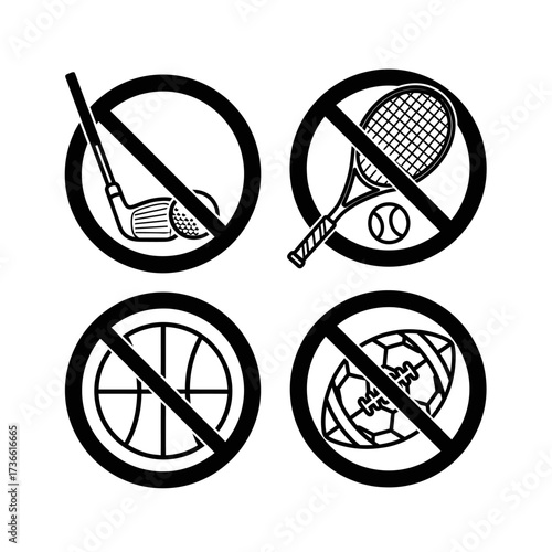A collection of four black and white prohibition signs for various sports activities like golf, tennis, basketball and football.
