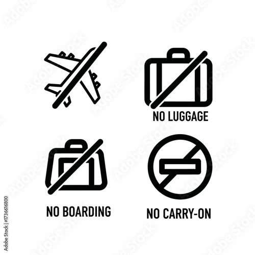 A set of black and white icons depicting travel restrictions.