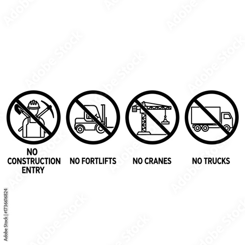 Prohibition signs indicating restrictions on construction, forklifts, cranes, and trucks, preventing entry.