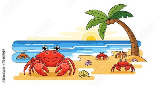 A cartoon illustration of crabs on a beach with a palm tree, symbolizing a tropical vacation