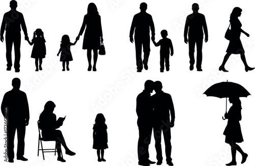 Silhouettes of diverse people in everyday poses, walking, sitting, standing, interacting, family moments, urban lifestyle, isolated black figures