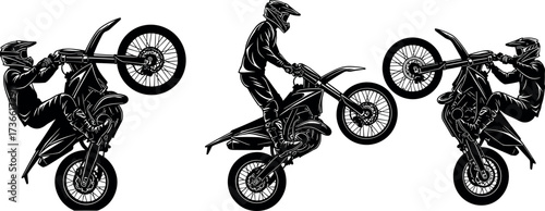 Silhouettes of motocross riders performing wheelie stunts on dirt bikes with helmets, showcasing extreme sport action and dynamic movement.