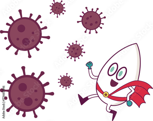 Smiling rice grain superhero battling viruses, representing strength and health