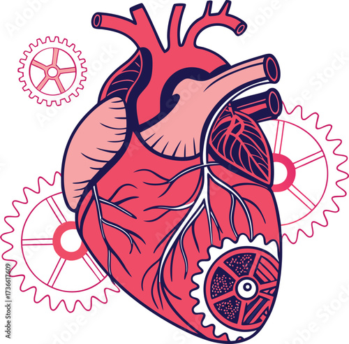 Striking anatomical heart design with gears symbolizing intricate life and machinery