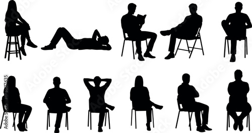 Silhouettes of people sitting and reclining in various poses on chairs and ground, showcasing posture diversity and ergonomic body language.