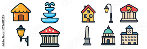 Colorful illustrations of various buildings and structures, including fountains and monuments, showcasing urban architecture