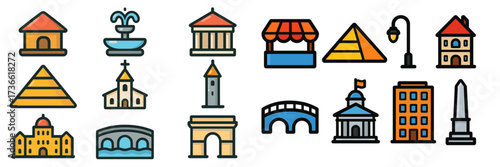 Pictorial collection of architectural icons reflecting historical landmarks and urban structures