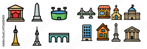 Wallpaper Mural Various landmarks and buildings illustrated in a colorful, minimalistic style showcasing diverse urban architecture scenes Torontodigital.ca