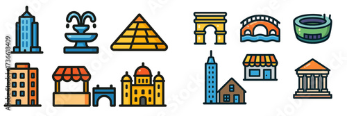 Various iconic landmarks and buildings illustrated in a colorful, playful style showcasing global architecture
