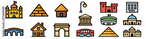 Various architectural landmarks and structures illustrated in a colorful and modern design for educational purposes