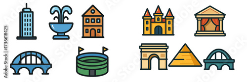 Colorful icons representing famous landmarks and structures found in cities around the world
