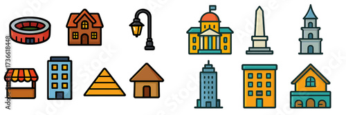 Illustrations depicting various building types, structures, and landmarks in a vibrant city setting