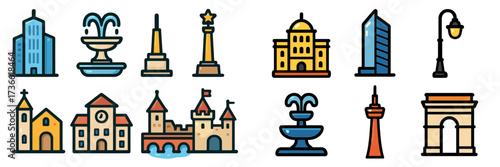 Various iconic landmarks and buildings illustrated in a colorful style, showcasing architecture from around the world