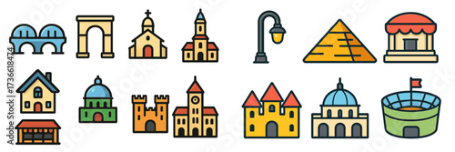 Colorful illustrations of famous landmarks and buildings showcasing various architectural styles and features