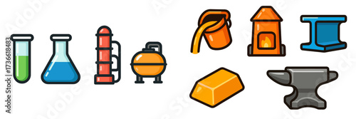 Chemical laboratory equipment and industrial tools depicted in graphic icons showcasing various processes and materials used in manufacturing